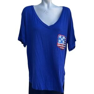USA Patriotic Sequin American Flag Pocket Royal Blue V Neck T-Shirt‎